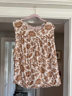 Floral Sleeveless Cotton Tunic Top in Mocha  & Cream